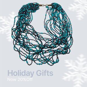 Multi Strand Turquoise Navy Blue Bead Necklace Iridescent 19”